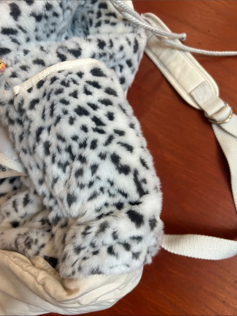 Girls White Faux Fur Leopard Backpack with Silver Sequin Accents
